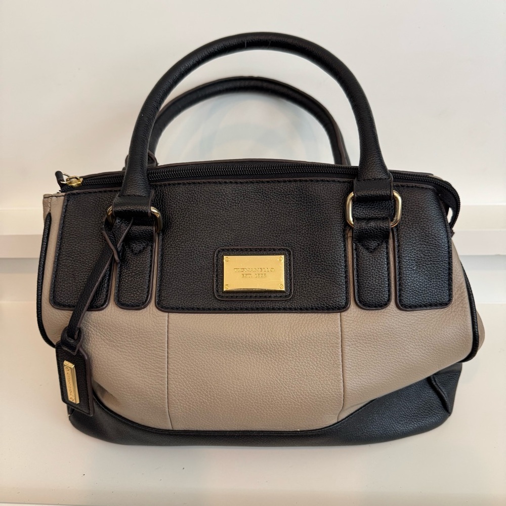Tignanello 2 Toned Black & Taupe Pebbled 100% Genuine Leather Satchel/Tote